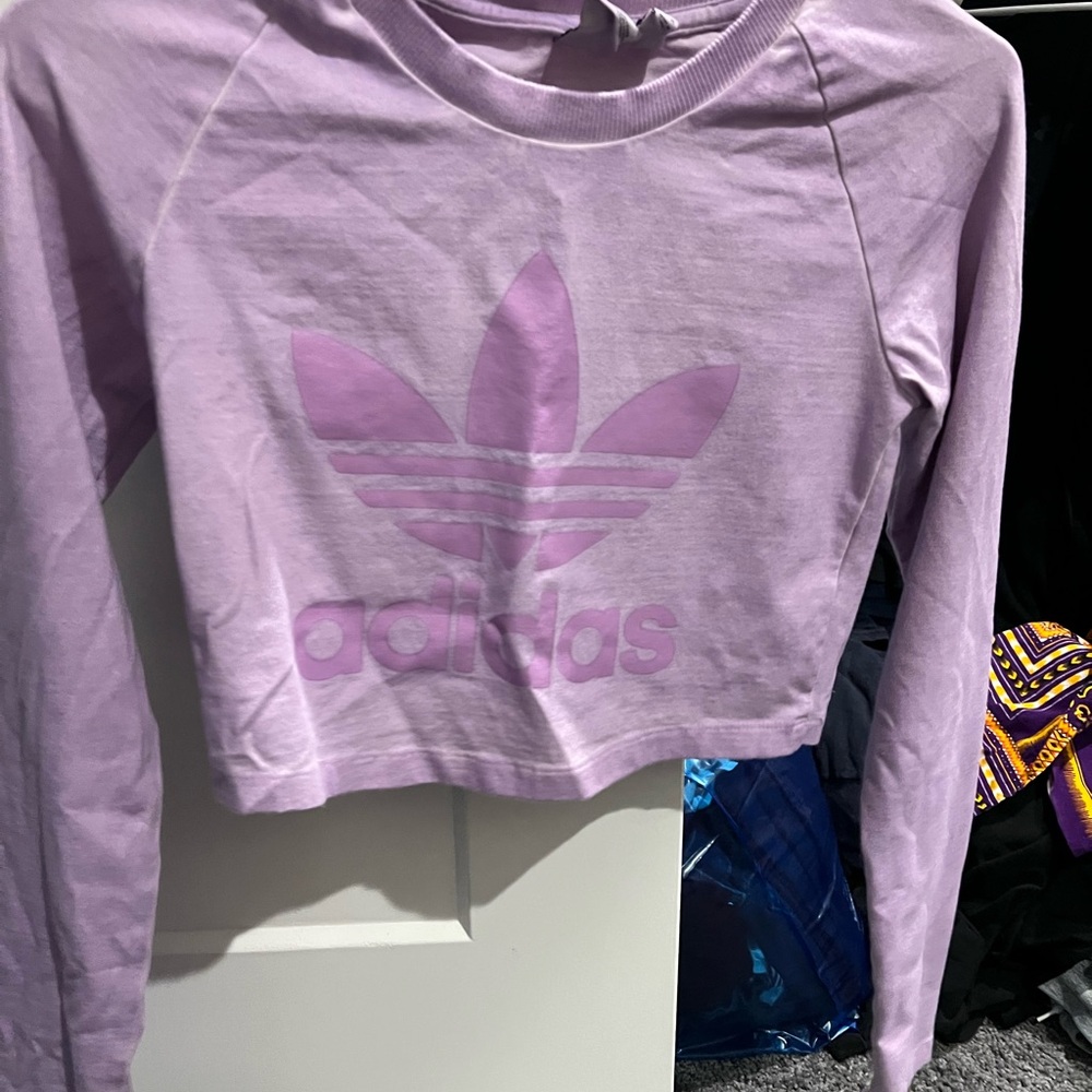 Adidas Purple Cropped Sweatshirt, Bra, & Leggings